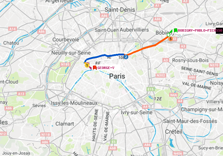plan itinéraire ratp de Bobigny-Pablo-Picasso à George V