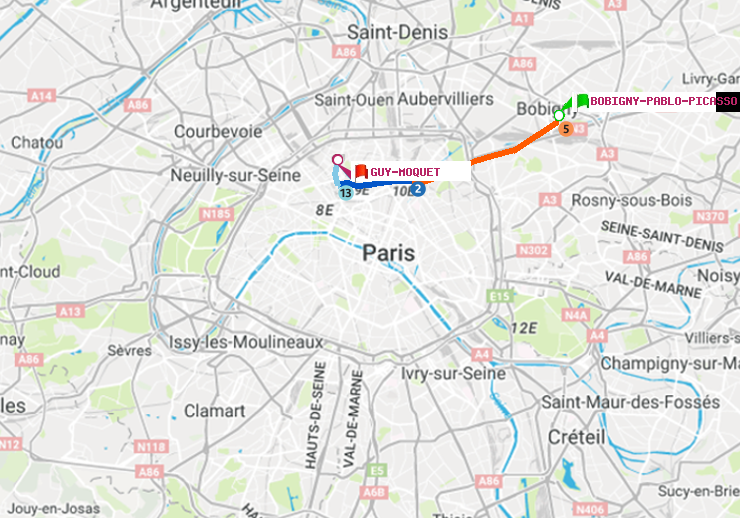 plan itinéraire ratp de Bobigny-Pablo-Picasso à Guy-Môquet