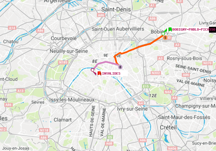 plan itinéraire ratp de Bobigny-Pablo-Picasso à Invalides