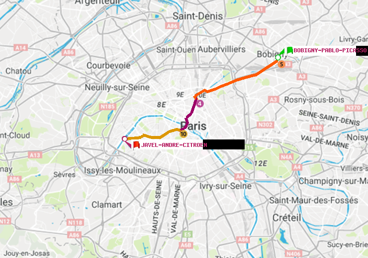 plan itinéraire ratp de Bobigny-Pablo-Picasso à Javel-André-Citroen