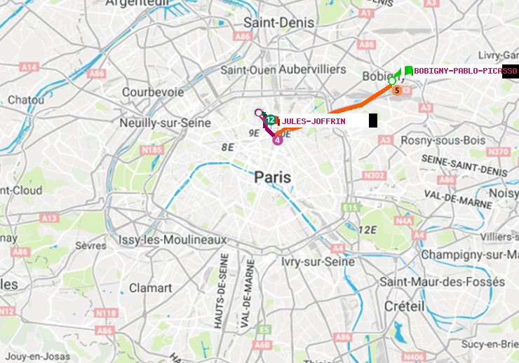 plan itinéraire ratp de Bobigny-Pablo-Picasso à Jules Joffrin