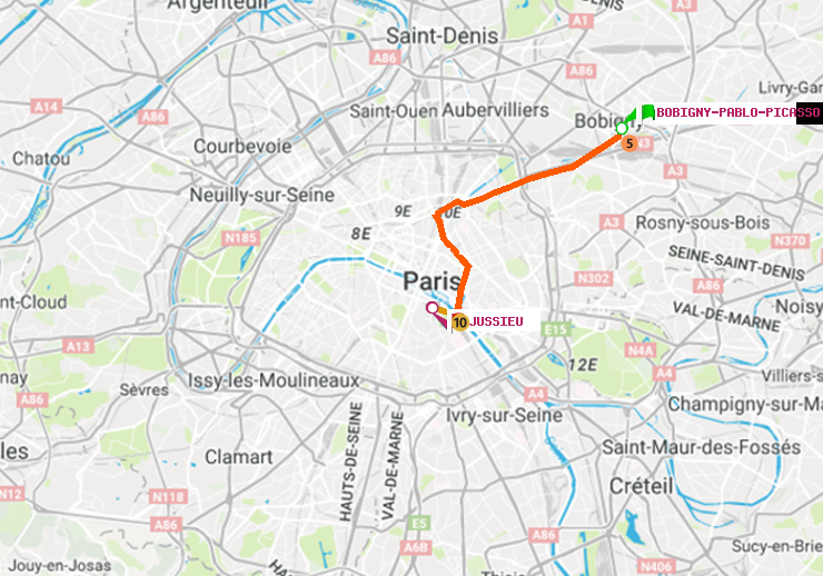 plan itinéraire ratp de Bobigny-Pablo-Picasso à Jussieu