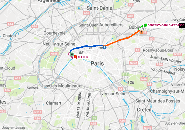 plan itinéraire ratp de Bobigny-Pablo-Picasso à Kléber