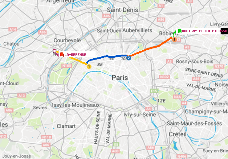 plan itinéraire ratp de Bobigny-Pablo-Picasso à La Défense (Grande Arche)
