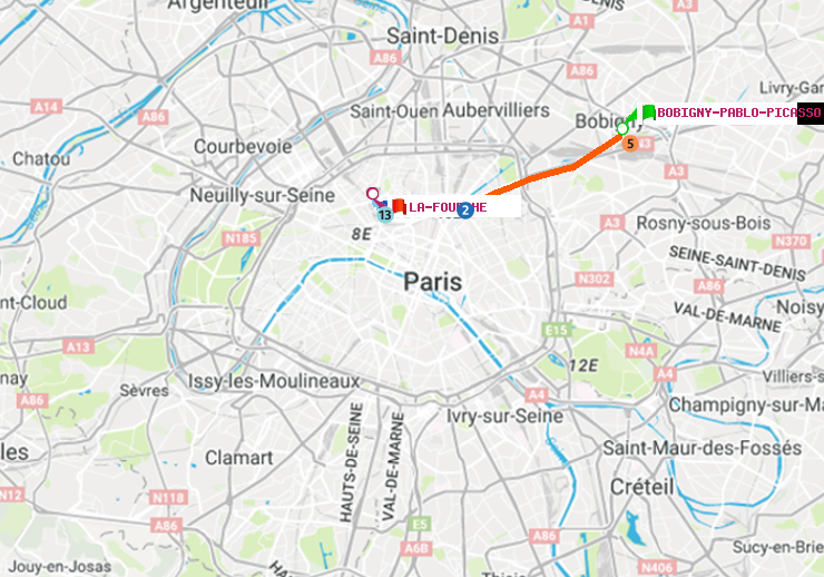 plan itinéraire ratp de Bobigny-Pablo-Picasso à La Fourche