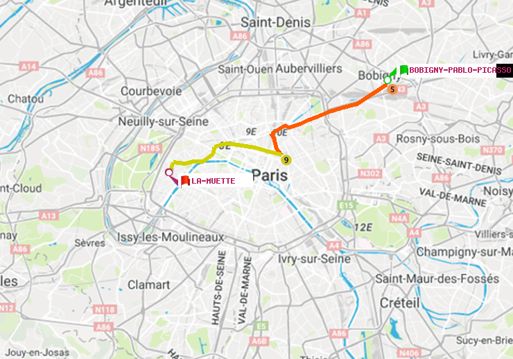 plan itinéraire ratp de Bobigny-Pablo-Picasso à La Muette