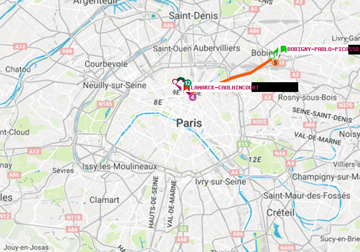 plan itinéraire ratp de Bobigny-Pablo-Picasso à Lamarck-Caulaincourt