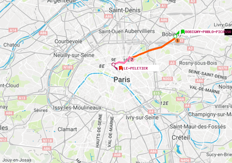 plan itinéraire ratp de Bobigny-Pablo-Picasso à Le Peletier