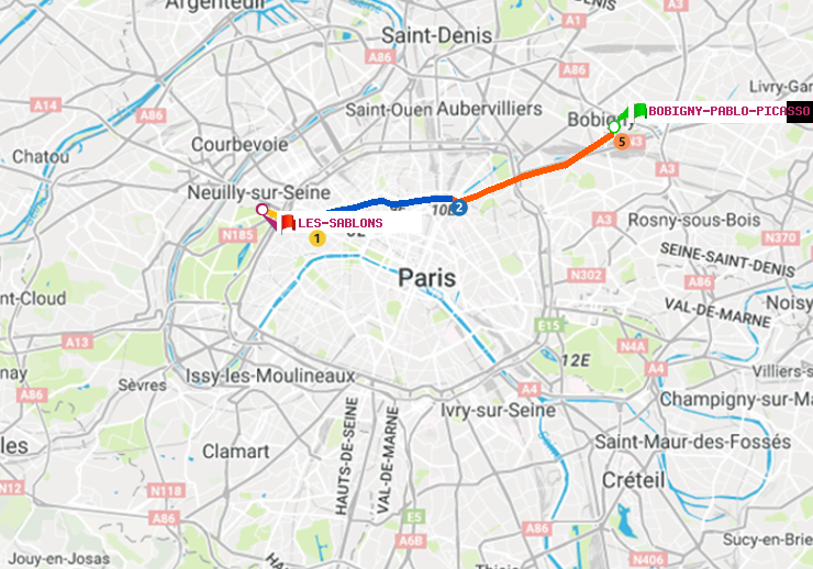 plan itinéraire ratp de Bobigny-Pablo-Picasso à Les Sablons (Jardin d