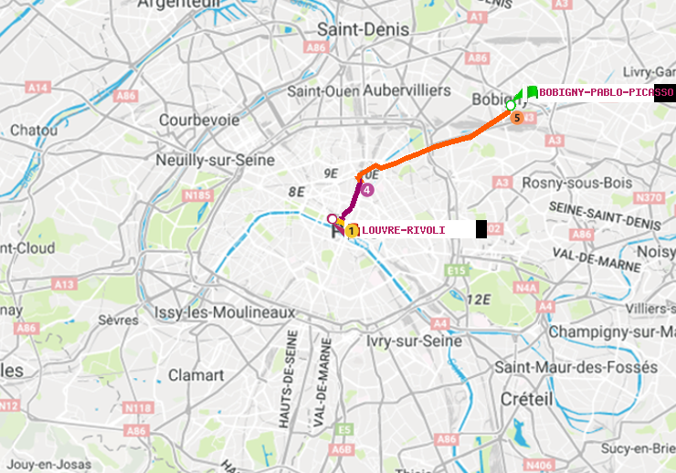 plan itinéraire ratp de Bobigny-Pablo-Picasso à Louvre-Rivoli