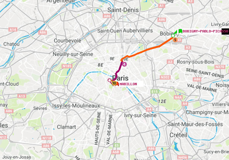plan itinéraire ratp de Bobigny-Pablo-Picasso à Mabillon
