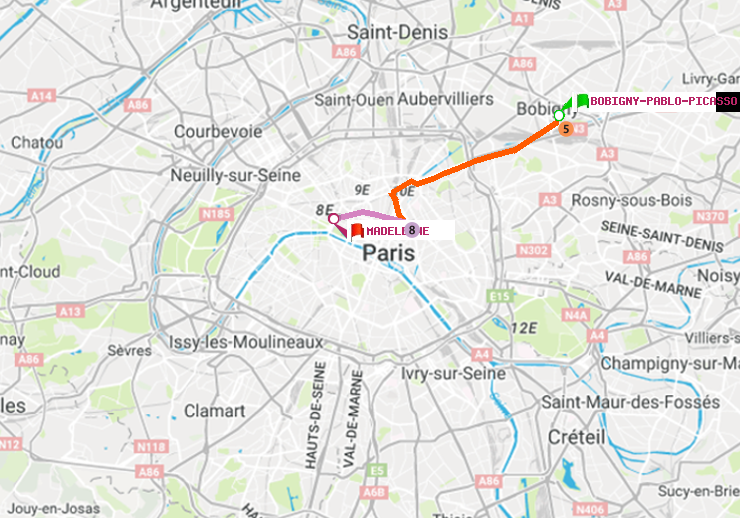 plan itinéraire ratp de Bobigny-Pablo-Picasso à Madeleine