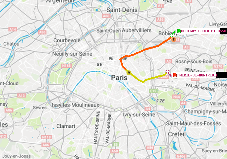 plan itinéraire ratp de Bobigny-Pablo-Picasso à Mairie de Montreuil