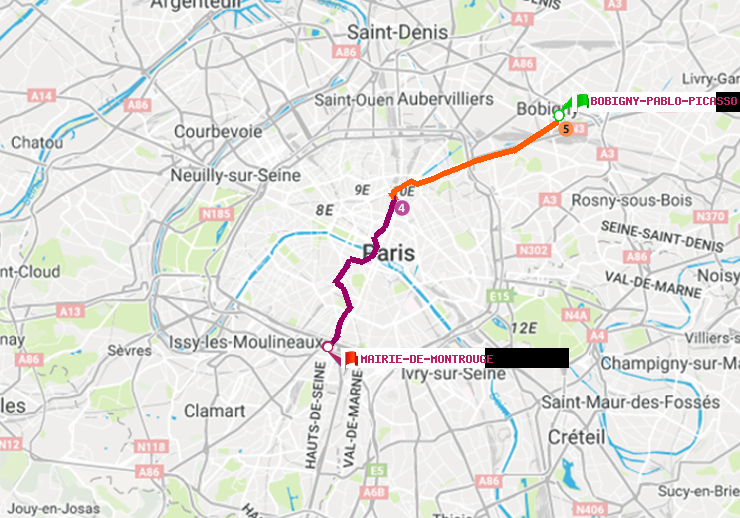 plan itinéraire ratp de Bobigny-Pablo-Picasso à Mairie de Montrouge