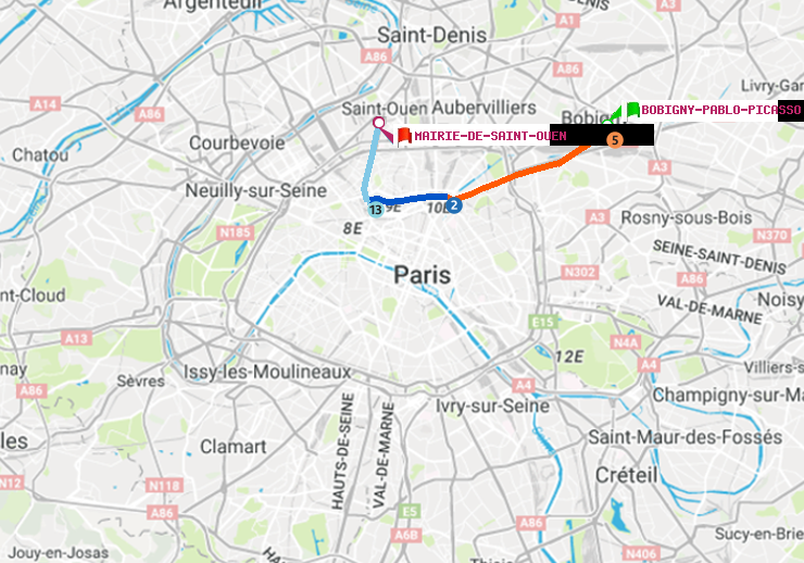 plan itinéraire ratp de Bobigny-Pablo-Picasso à Mairie de Saint-Ouen