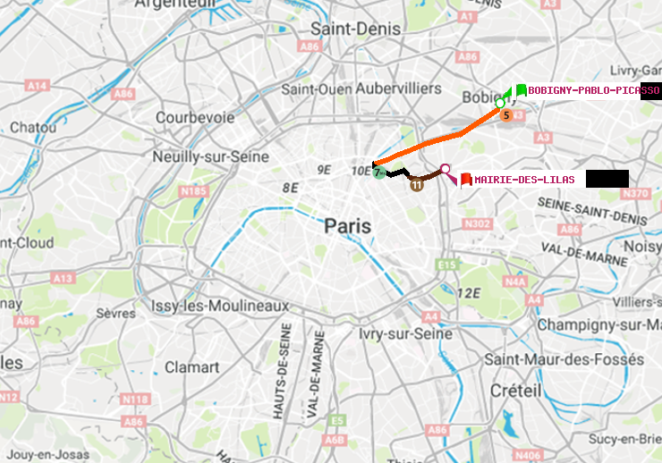 plan itinéraire ratp de Bobigny-Pablo-Picasso à Mairie des Lilas