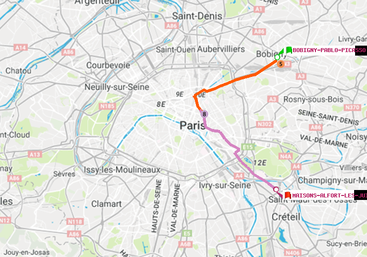 plan itinéraire ratp de Bobigny-Pablo-Picasso à Maisons-Alfort-Les Juilliottes