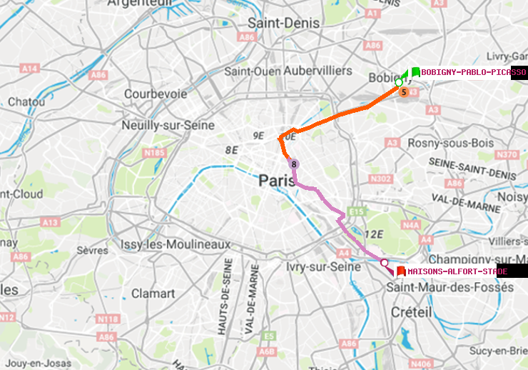 plan itinéraire ratp de Bobigny-Pablo-Picasso à Maisons-Alfort-Stade