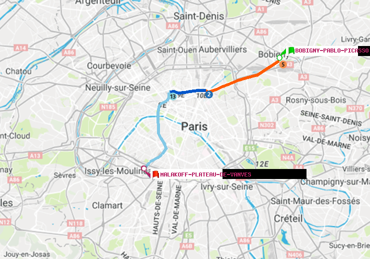 plan itinéraire ratp de Bobigny-Pablo-Picasso à Malakoff-Plateau de Vanves