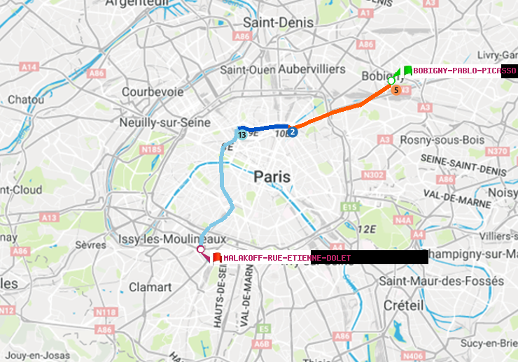 plan itinéraire ratp de Bobigny-Pablo-Picasso à Malakoff-Rue Etienne Dolet