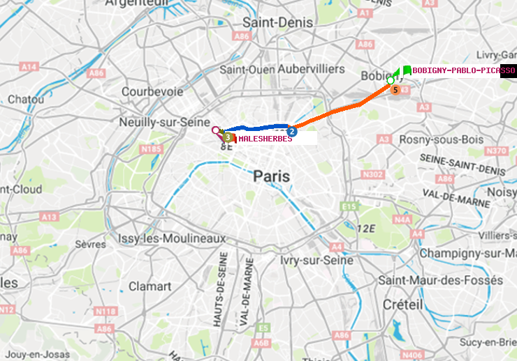 plan itinéraire ratp de Bobigny-Pablo-Picasso à Malesherbes