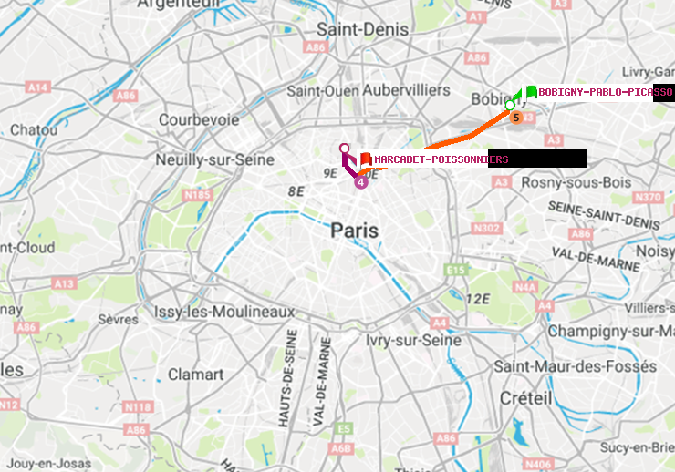 plan itinéraire ratp de Bobigny-Pablo-Picasso à Marcadet-Poissonniers