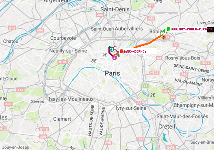 plan itinéraire ratp de Bobigny-Pablo-Picasso à Marx-Dormoy