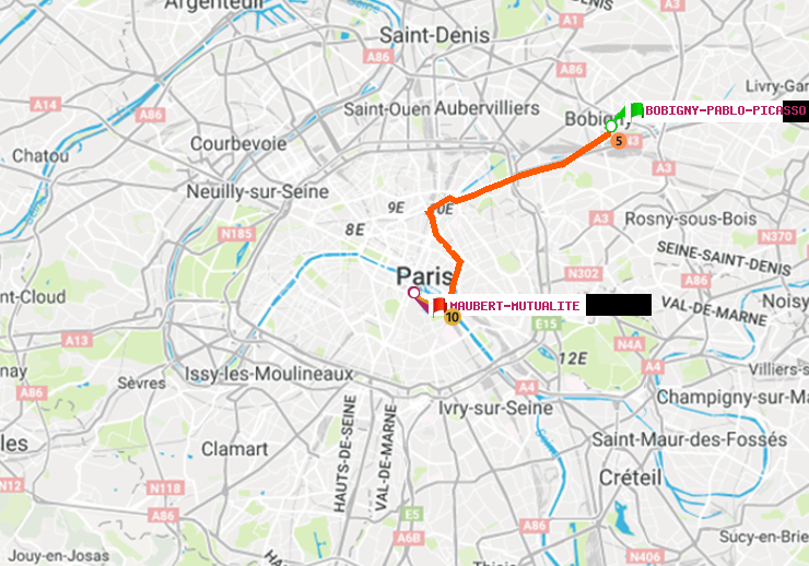 plan itinéraire ratp de Bobigny-Pablo-Picasso à Maubert-Mutualité