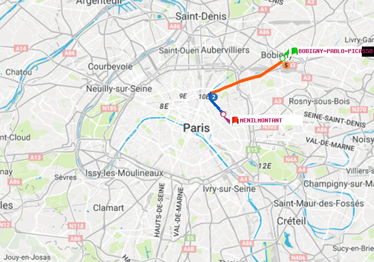 plan itinéraire ratp de Bobigny-Pablo-Picasso à Ménilmontant