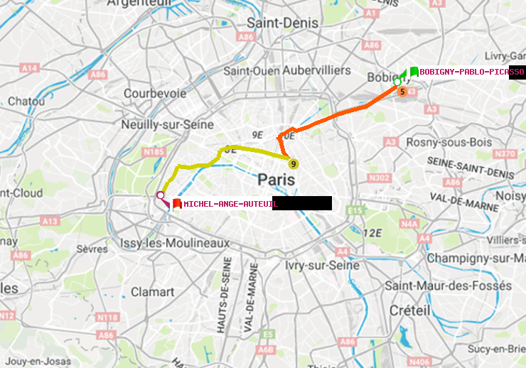 plan itinéraire ratp de Bobigny-Pablo-Picasso à Michel-Ange-Auteuil