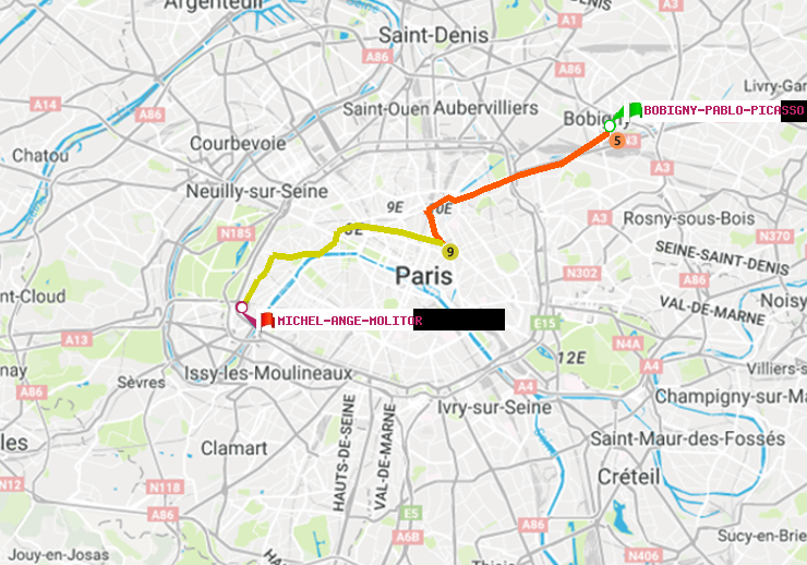 plan itinéraire ratp de Bobigny-Pablo-Picasso à Michel-Ange-Molitor