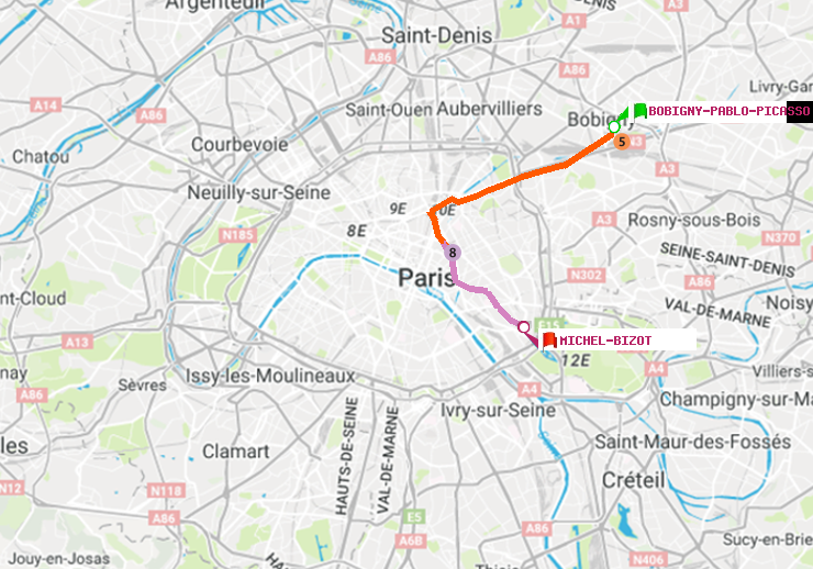 plan itinéraire ratp de Bobigny-Pablo-Picasso à Michel Bizot
