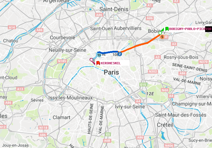 plan itinéraire ratp de Bobigny-Pablo-Picasso à Miromesnil