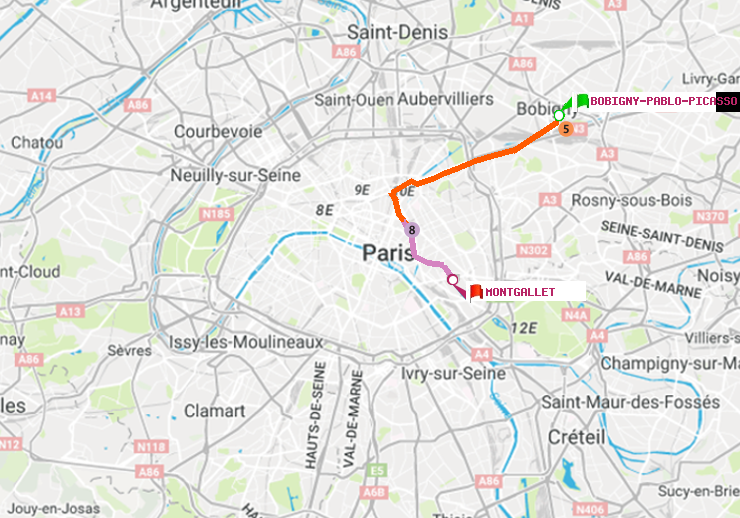 plan itinéraire ratp de Bobigny-Pablo-Picasso à Montgallet
