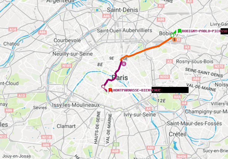 plan itinéraire ratp de Bobigny-Pablo-Picasso à Montparnasse-Bienvenue