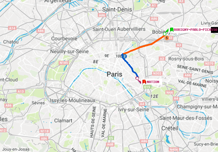 plan itinéraire ratp de Bobigny-Pablo-Picasso à Nation