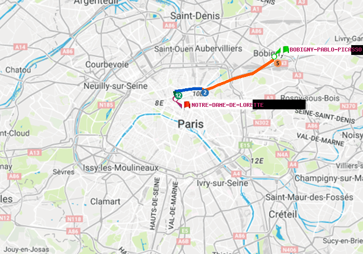 plan itinéraire ratp de Bobigny-Pablo-Picasso à Notre-Dame de Lorette