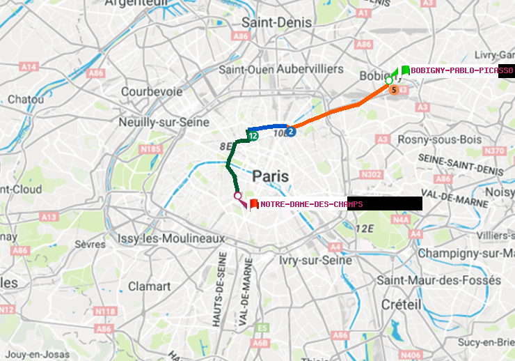 plan itinéraire ratp de Bobigny-Pablo-Picasso à Notre-Dame des Champs