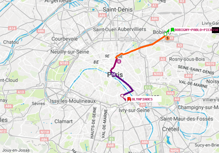 plan itinéraire ratp de Bobigny-Pablo-Picasso à Olympiades
