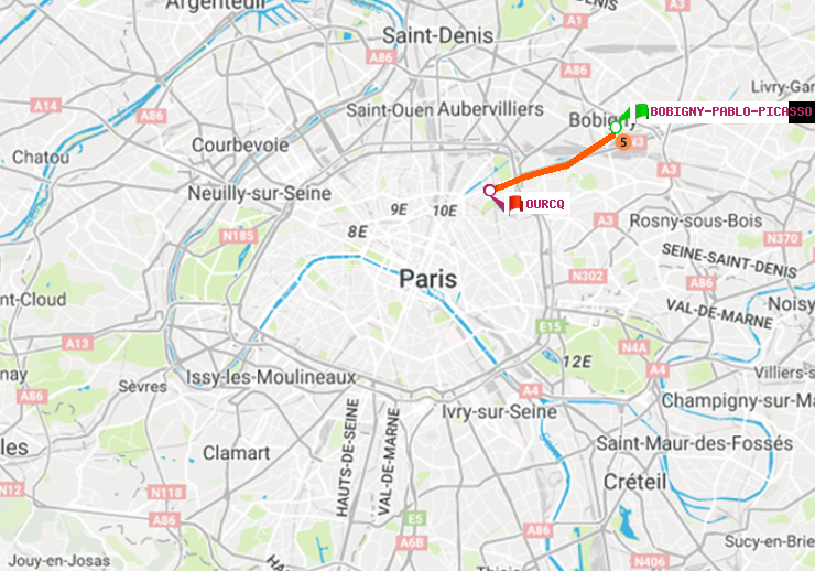 plan itinéraire ratp de Bobigny-Pablo-Picasso à Ourcq
