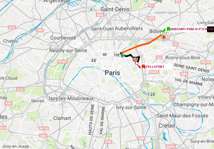 plan itinéraire ratp de Bobigny-Pablo-Picasso à Pelleport