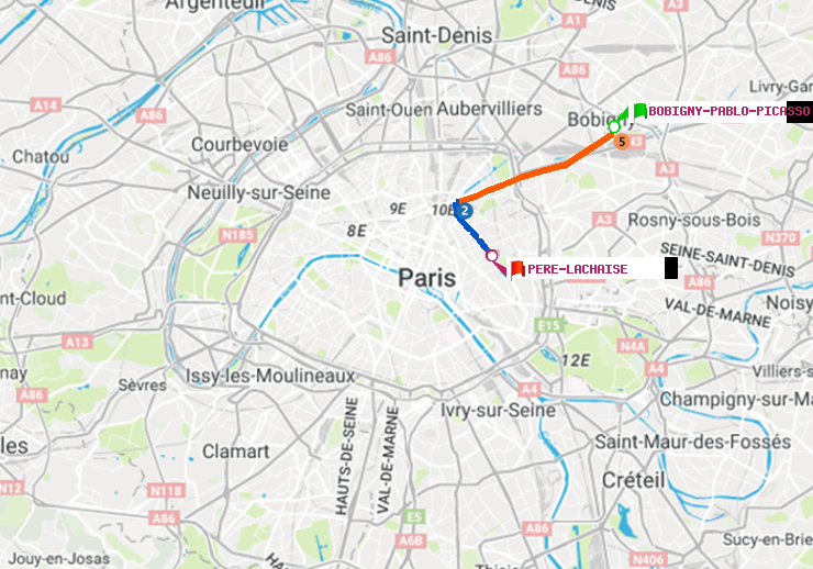 plan itinéraire ratp de Bobigny-Pablo-Picasso à Père-Lachaise
