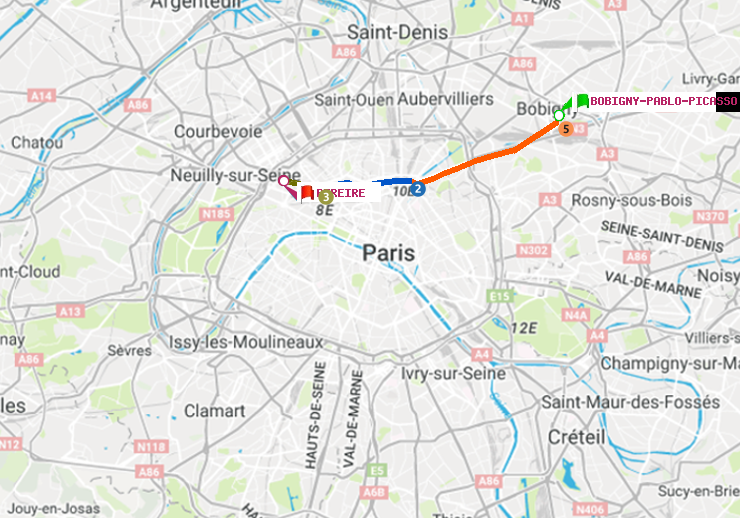 plan itinéraire ratp de Bobigny-Pablo-Picasso à Péreire