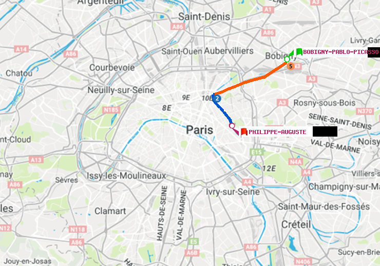 plan itinéraire ratp de Bobigny-Pablo-Picasso à Philippe Auguste