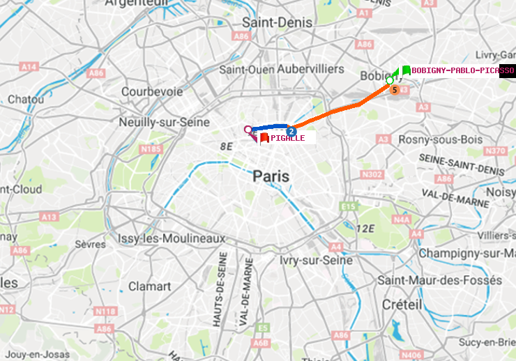 plan itinéraire ratp de Bobigny-Pablo-Picasso à Pigalle