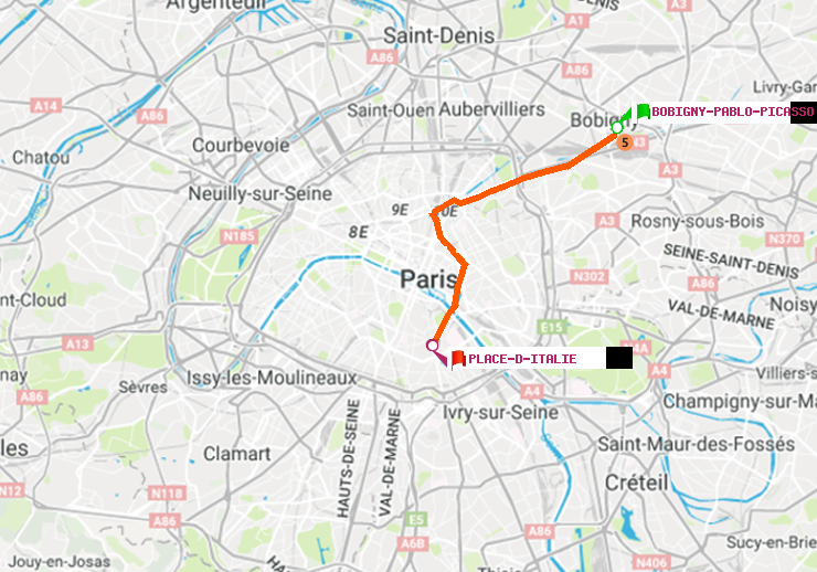 plan itinéraire ratp de Bobigny-Pablo-Picasso à Place d