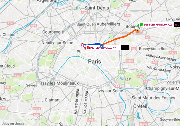 plan itinéraire ratp de Bobigny-Pablo-Picasso à Place de Clichy