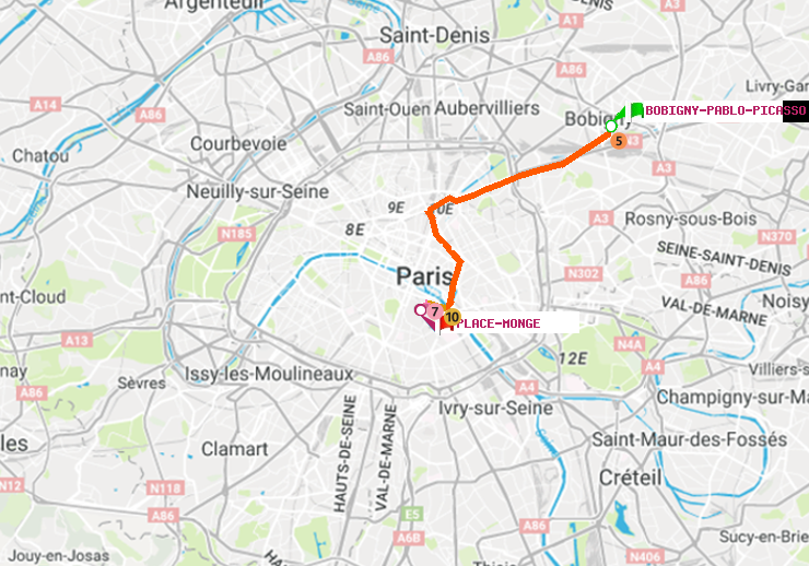 plan itinéraire ratp de Bobigny-Pablo-Picasso à Place Monge (Jardin des Plantes)