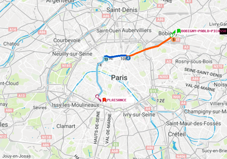 plan itinéraire ratp de Bobigny-Pablo-Picasso à Plaisance