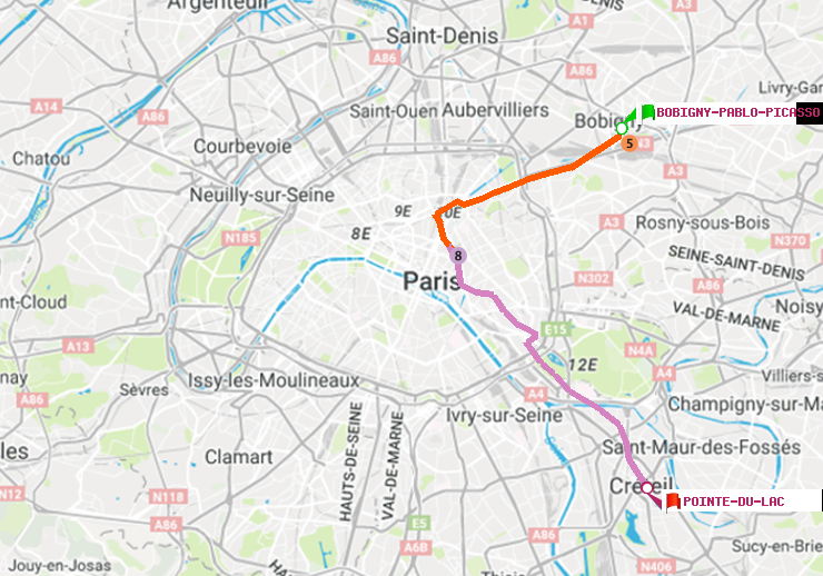 plan itinéraire ratp de Bobigny-Pablo-Picasso à Pointe du Lac